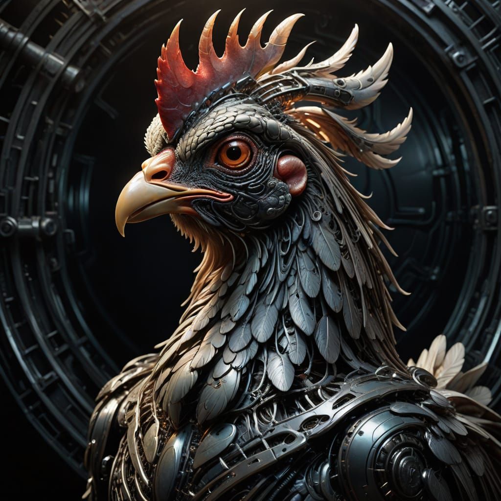 Surreal Chicken Portrait in Futuristic Biomechanical Style
