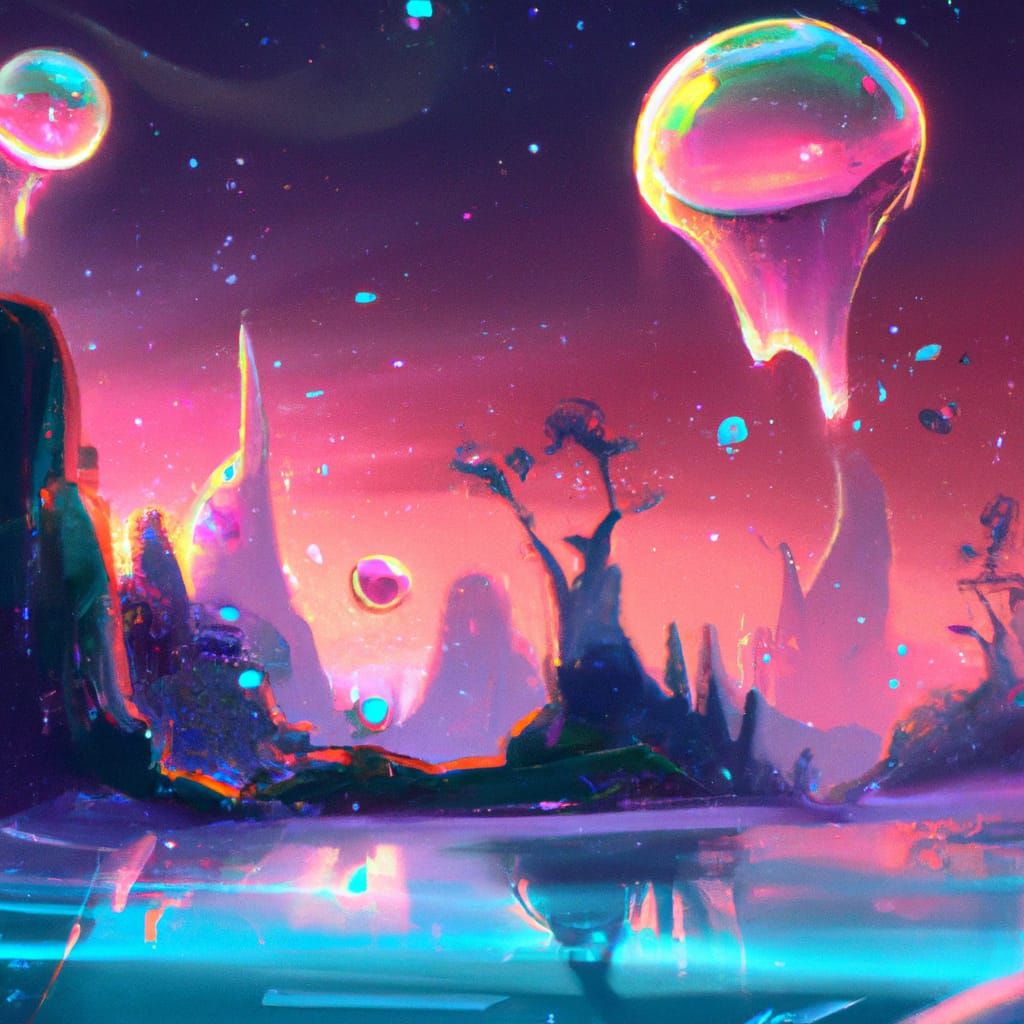 Dreamlike Landscape with Colorful Bubbles