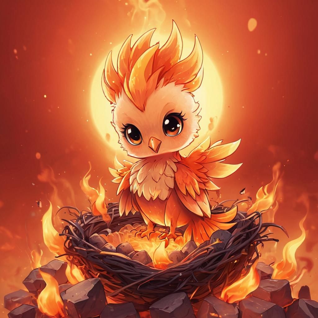 Neon Kawaii Phoenix in Burning Nest Anime Art