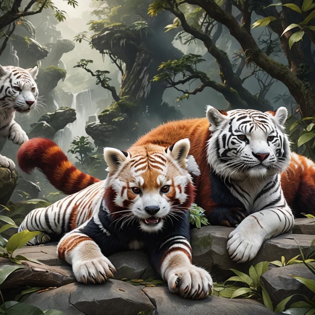 Red Panda Relaxing on White Tiger, Detailed Matte Painting