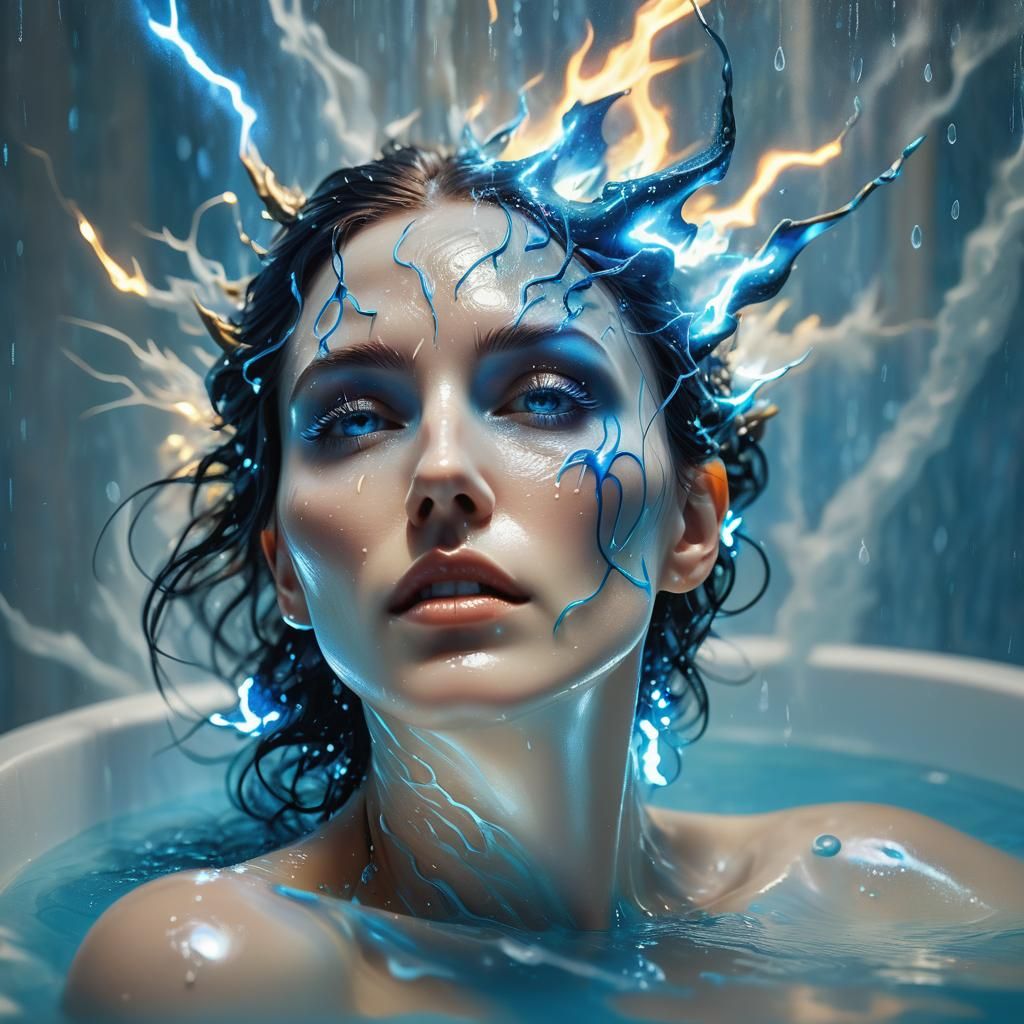 Luminous Glass Woman and Lightning Dragon: Surreal Art