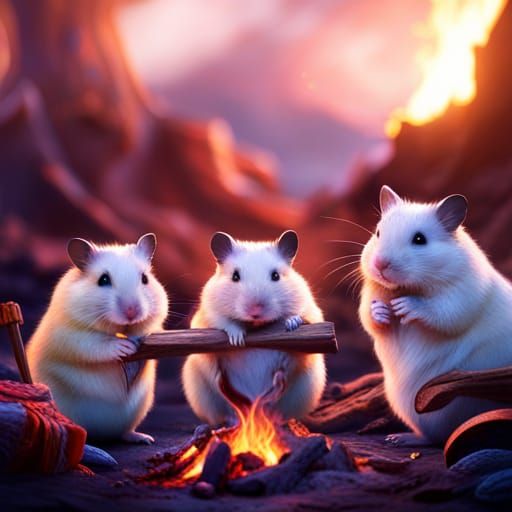 Hamsters Around Campfire: Detailed Matte Painting