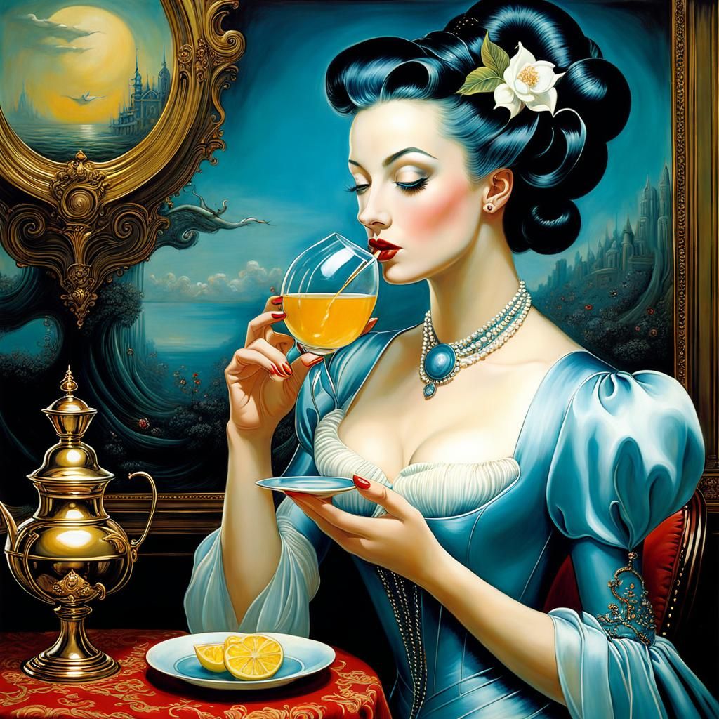 Enchantress Sipping Tea in Surreal Encaustic Style