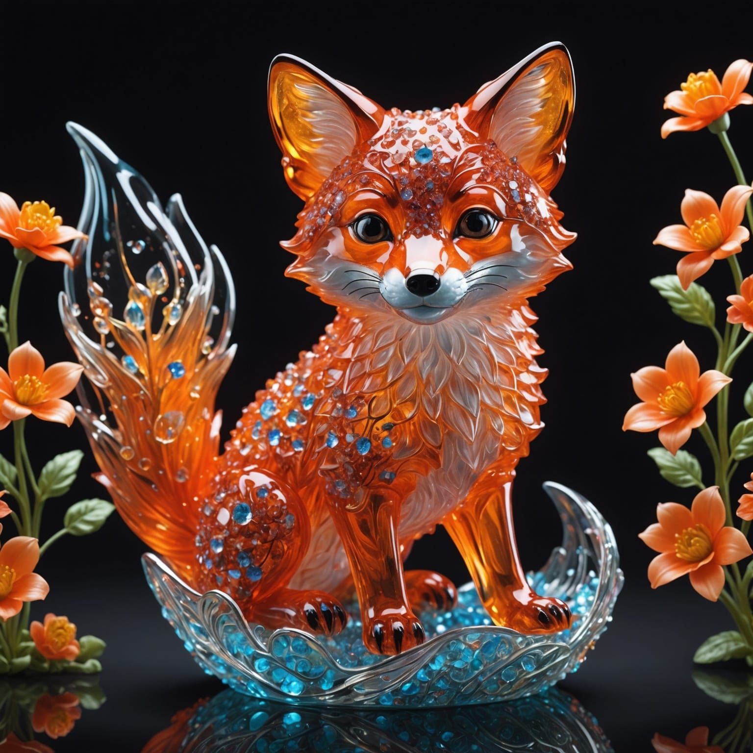 Crystal Fox Sculpture with Bioluminescent Flowers