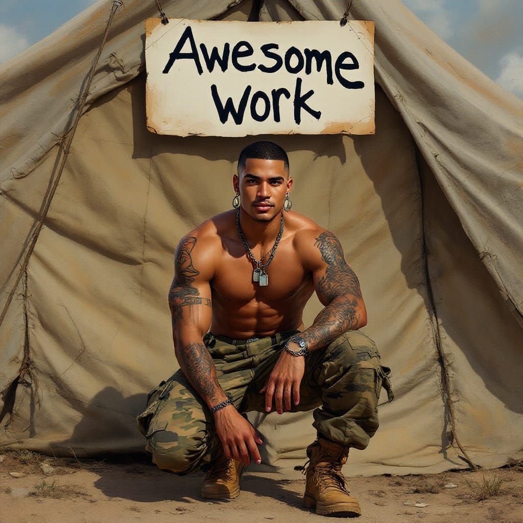 Confident Latino Soldier in Camouflage Attire