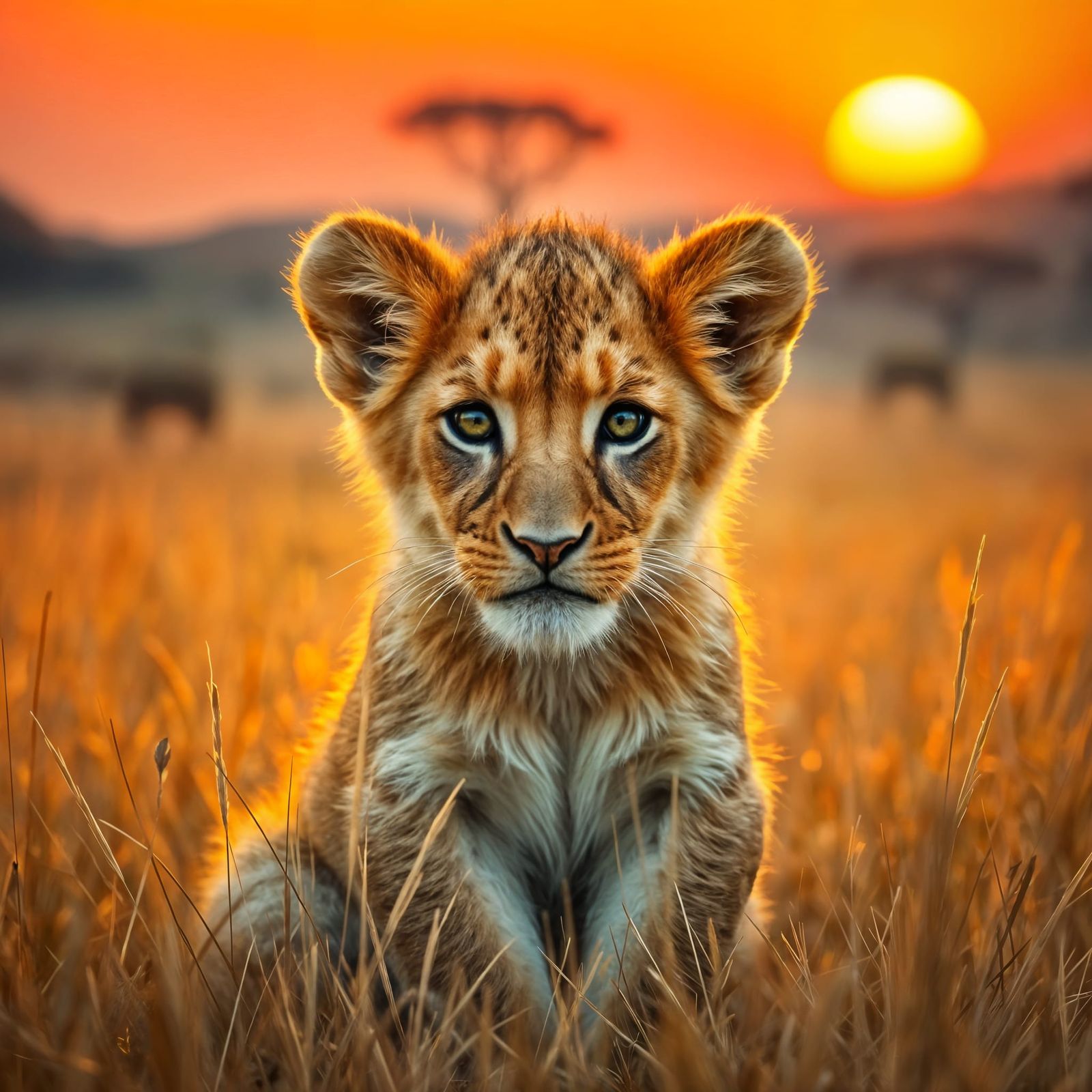 Golden Sunset Young Lion Cub in Serene Landscape
