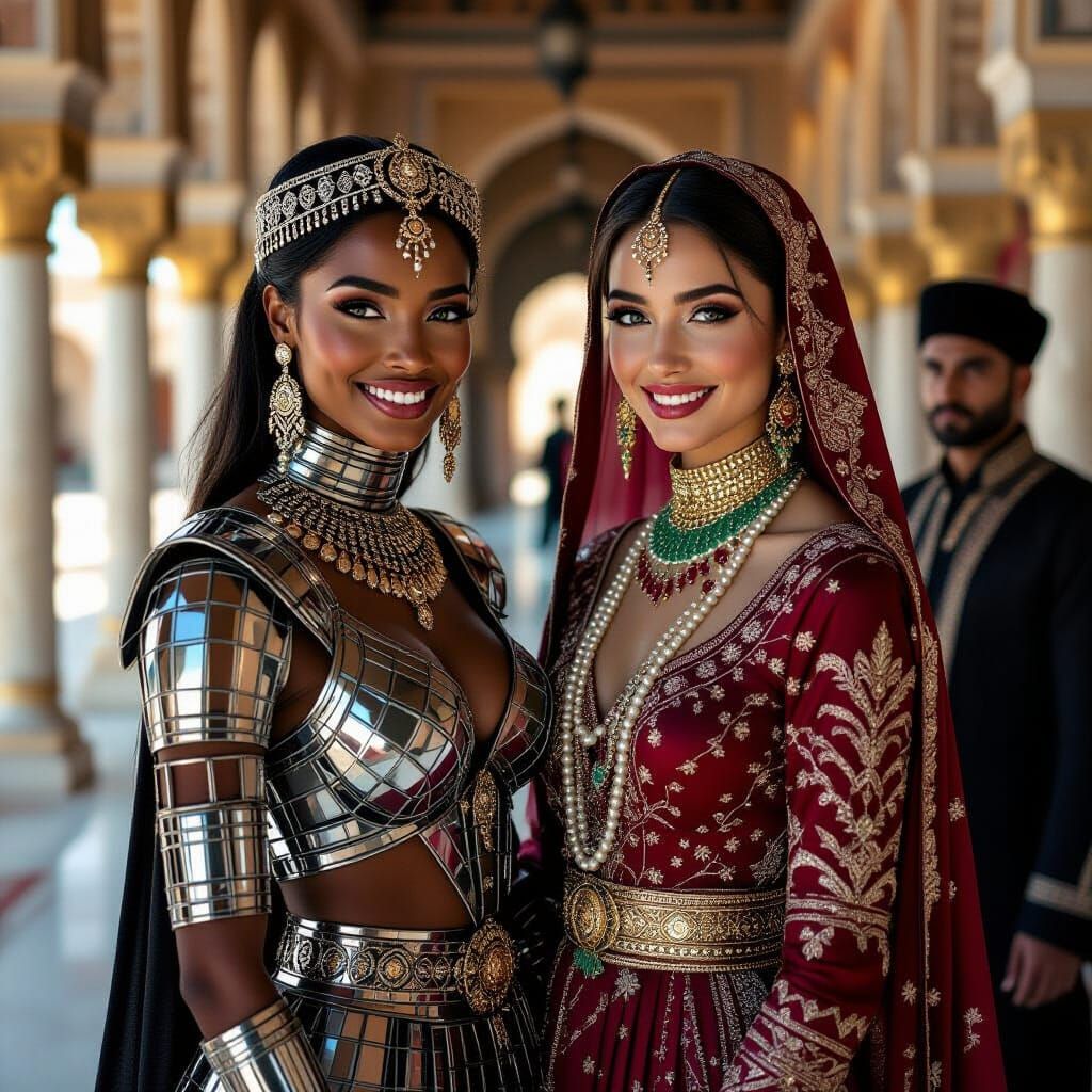 Futuristic Women in Palace, Photorealistic Style