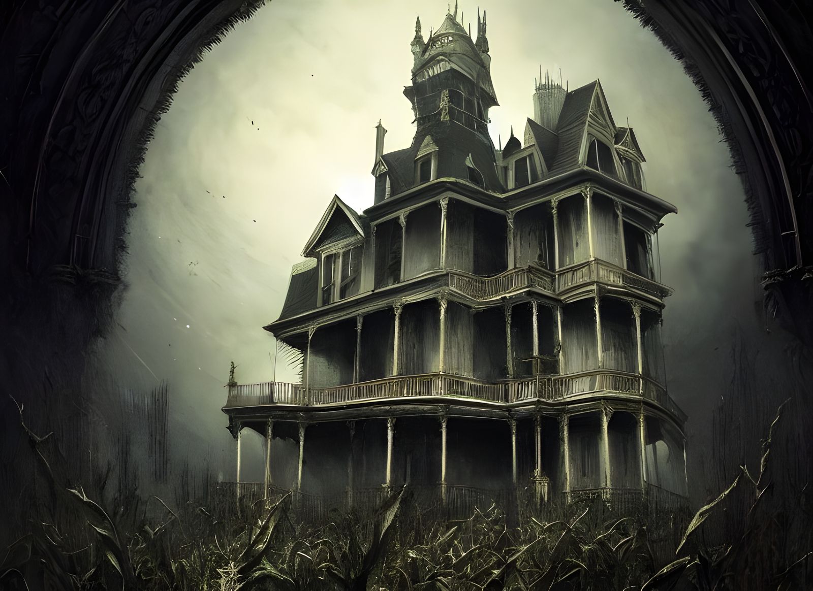 Sinister Haunted House in Cornfield, Detailed Horror Art