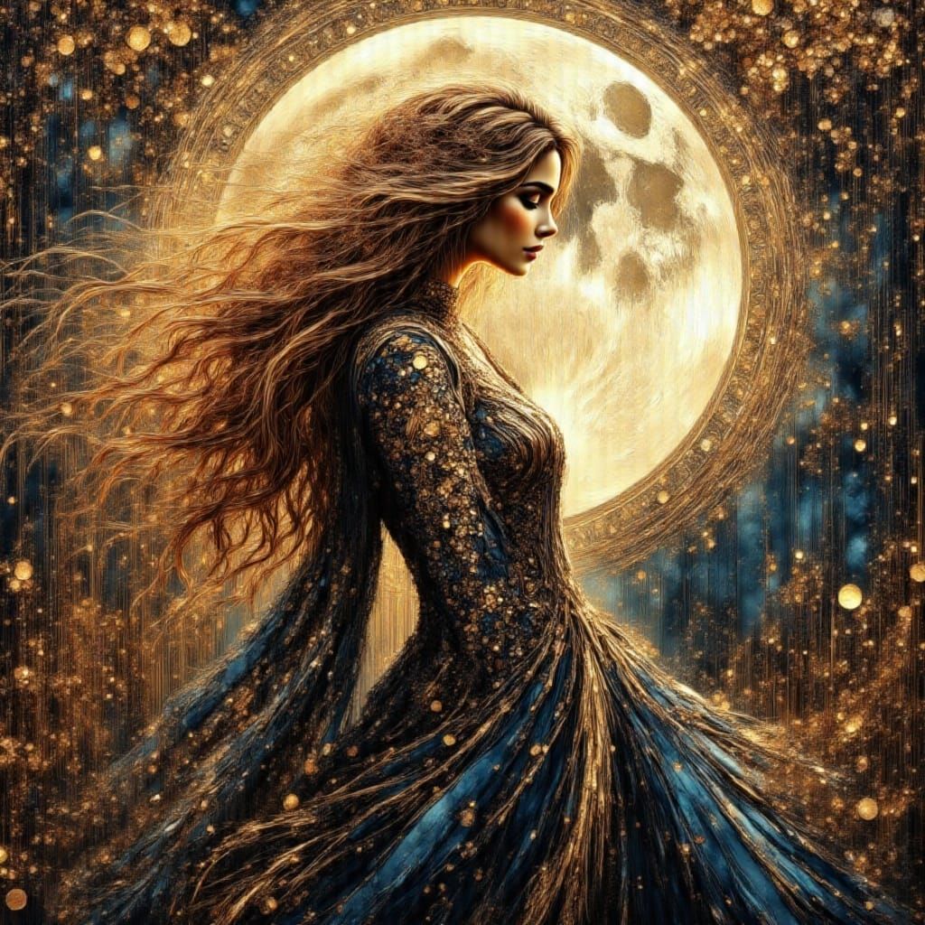 Beautiful Woman Chased by Moon in Splash Art Style