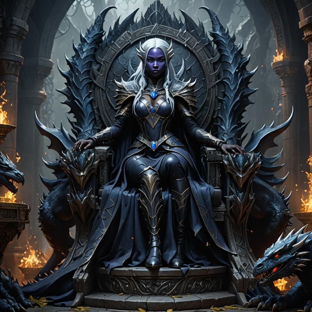 Drow Priestess on Dragon Throne, Detailed Matte Painting
