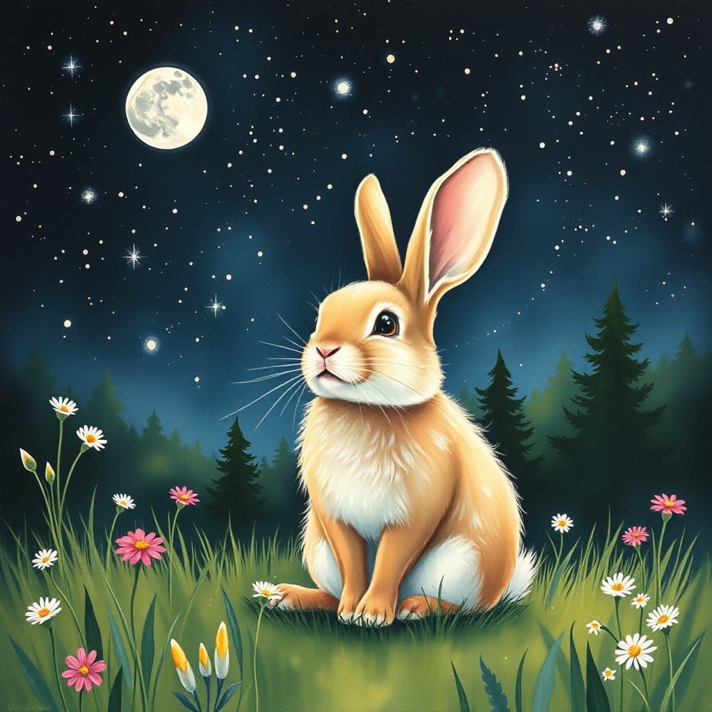 Whimsical Moonlit Scene in Dreamy Pastel Colors