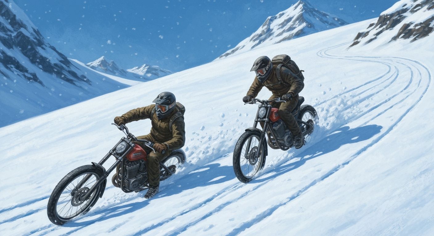 Fantasy Bikers Skid Through Snowy Mountain Path