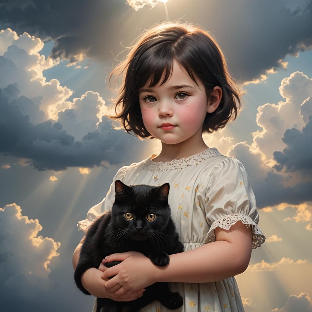 a chubby little girl with short brunette hair holding a black cat