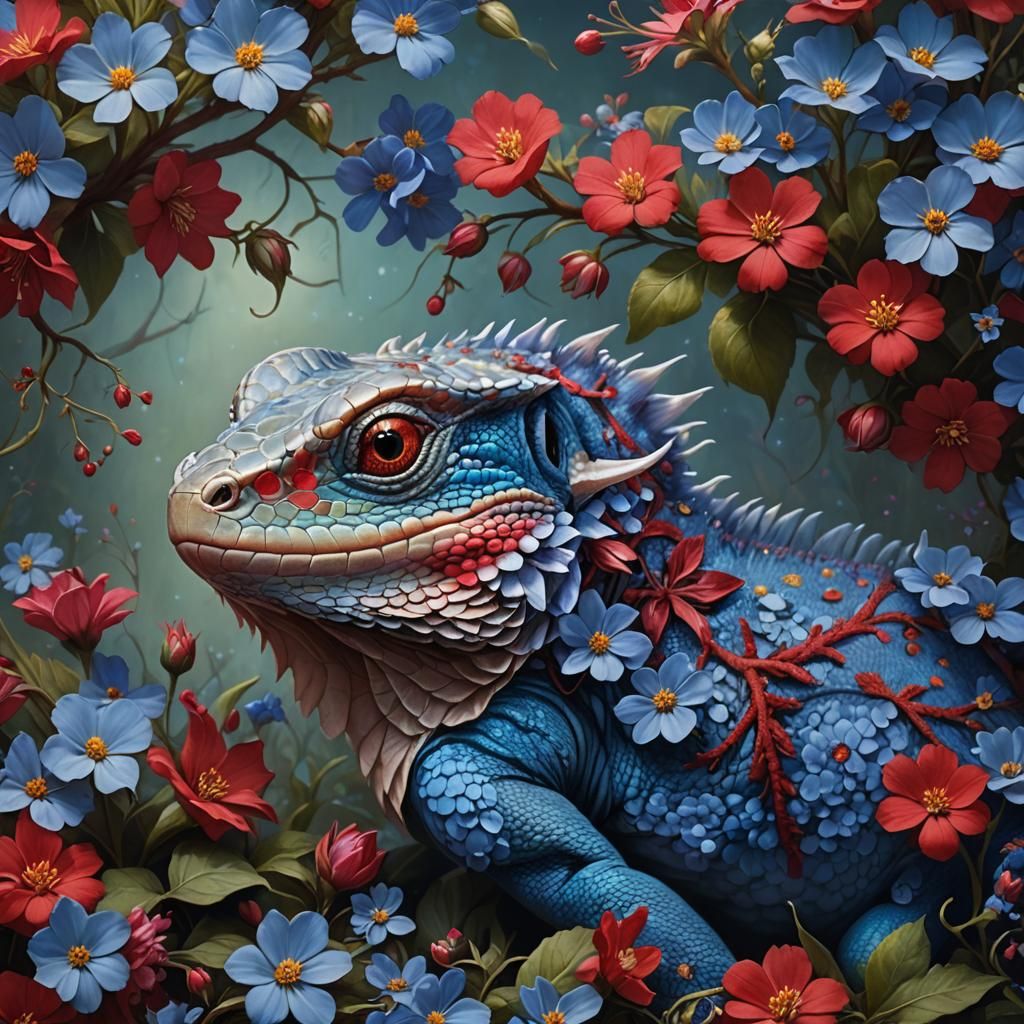 Surreal Lizard Portrait with Blue and Red Flowers