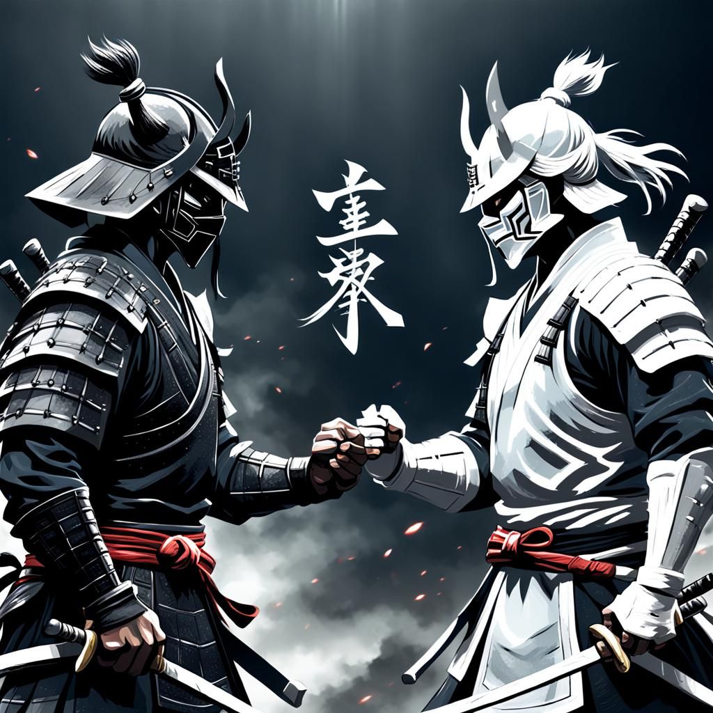 Contrasting Samurai Face-Off in Dark Fantasy Style