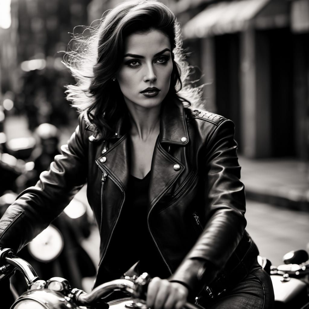 Lady Biker in Film Noir Style, Monochrome