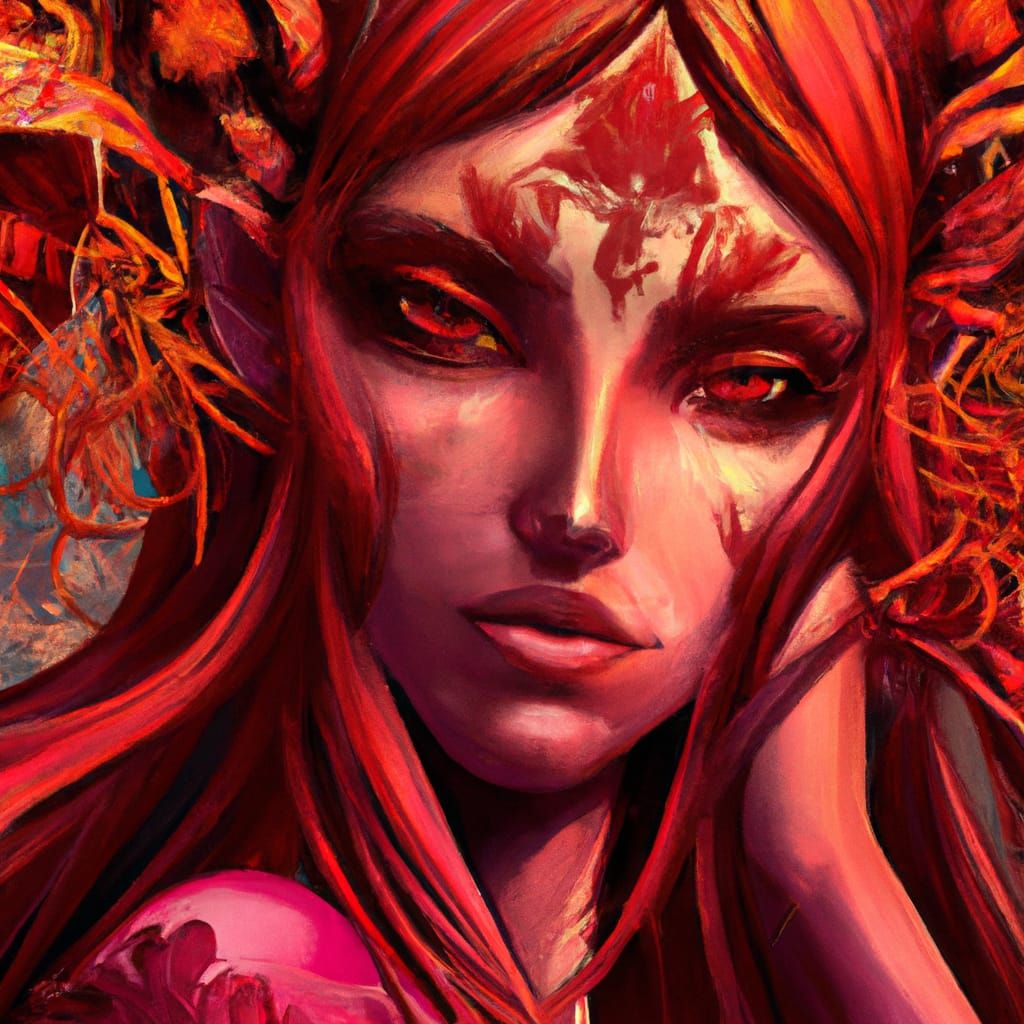 Crimson Blood Witch Portrait in Art Nouveau Style