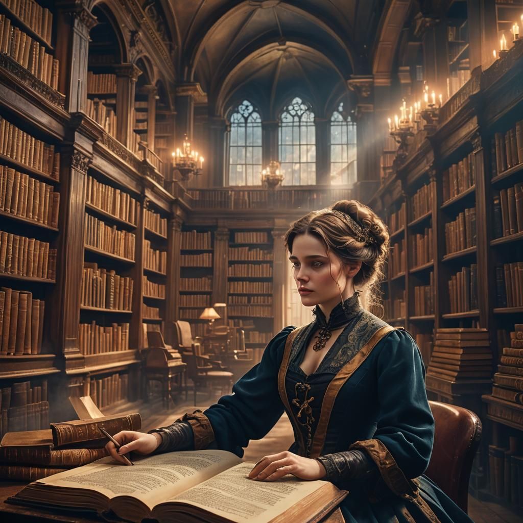 Victorian Woman Reading in Mystical Library