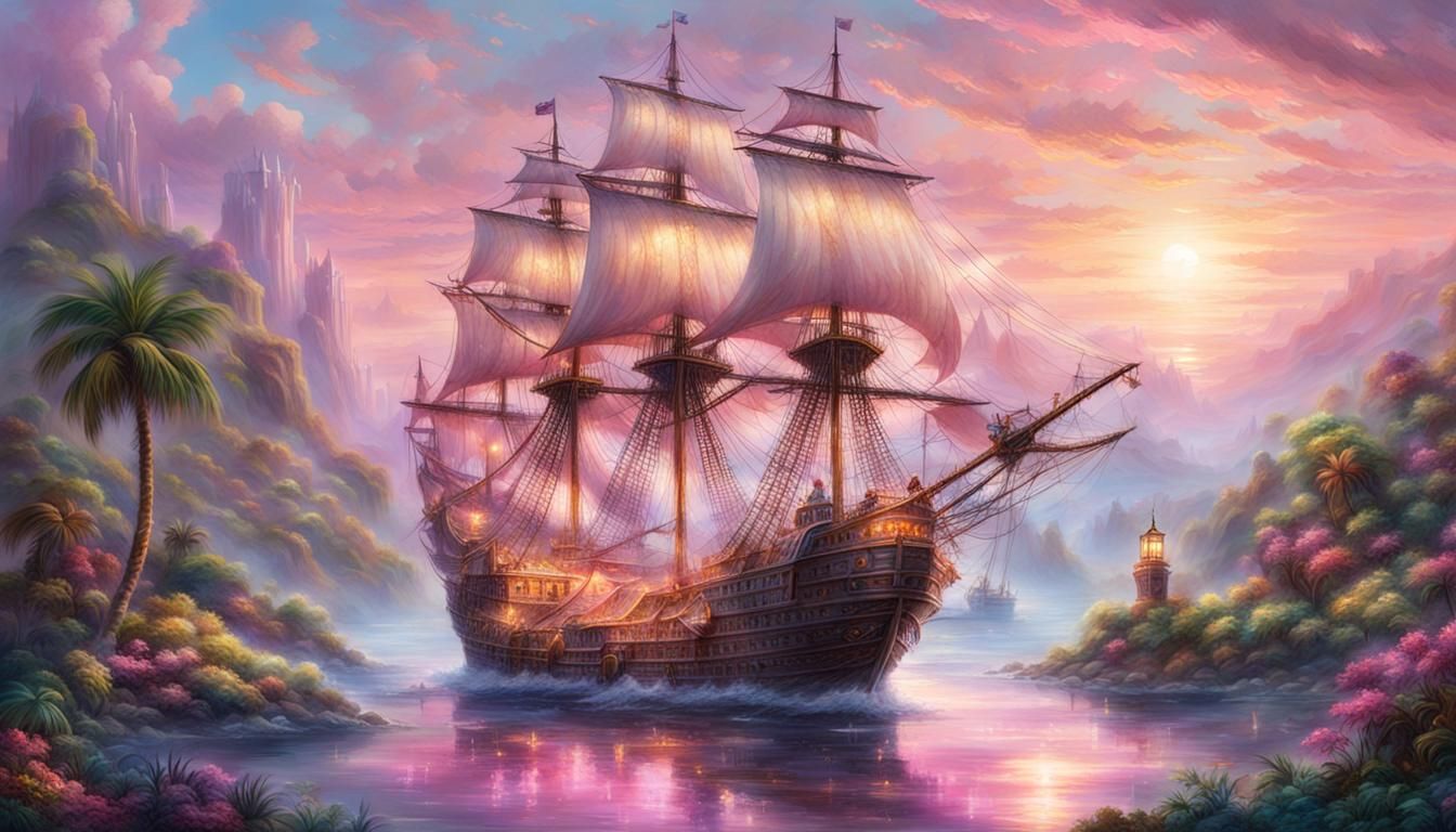 Glass Galleon Sailing Near Pink Palm Island in Anime Style