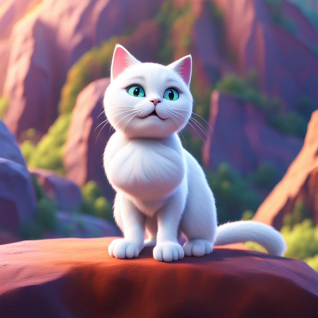 White Cat and Mountain in 3D Style