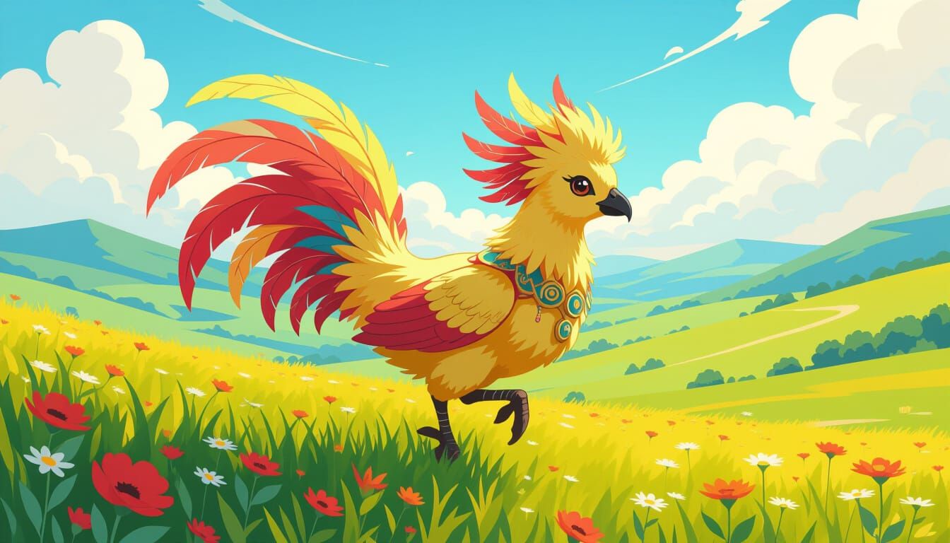 Chocobo Races Across Sunlit Plateaus in Steampunk Art