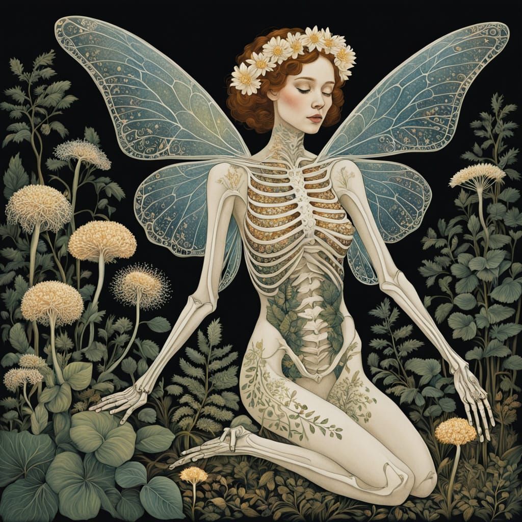Women Blossom with Ethereal Skeleton Flower Wings in a Surre...