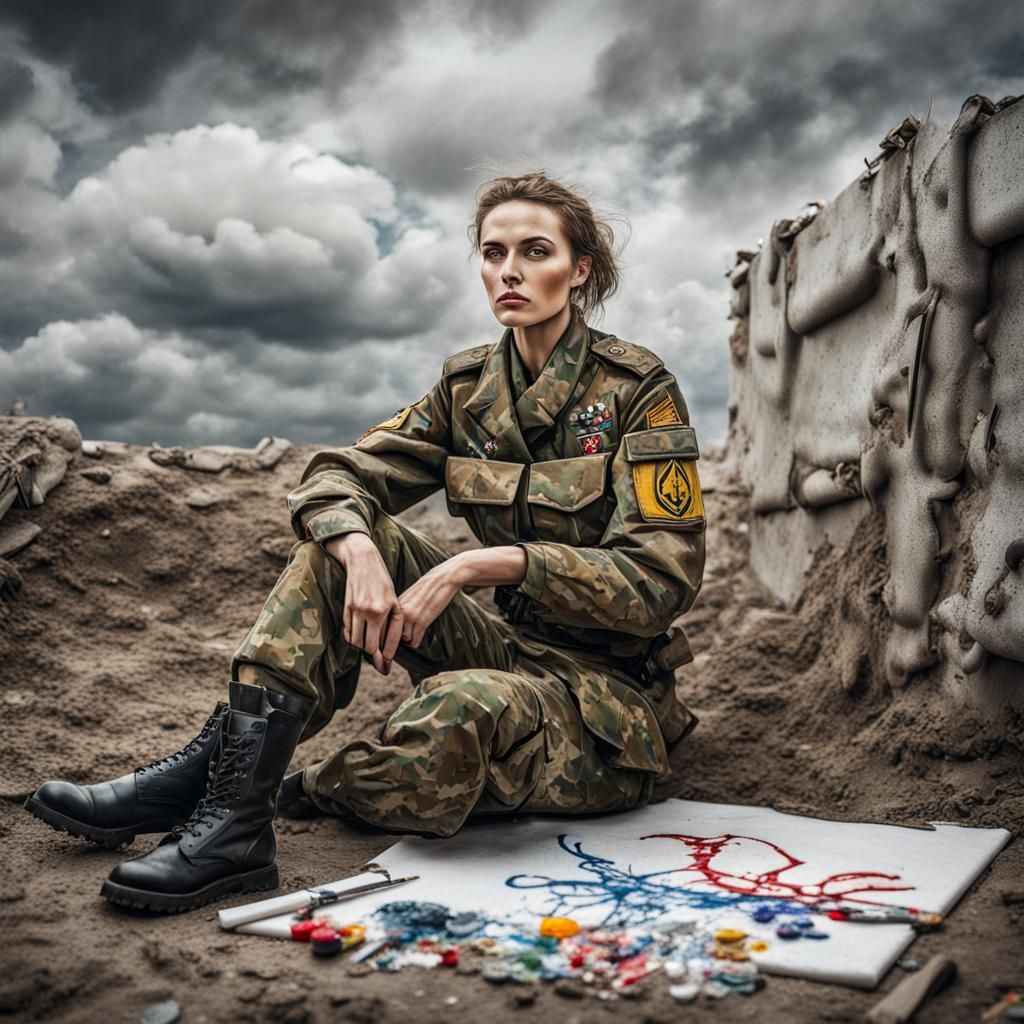 Ukrainian Soldier Embroidering Canvas in Trench Art Style