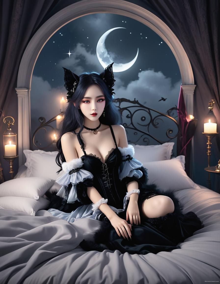 Gothic Beauty in Moonlight Bedroom Scene