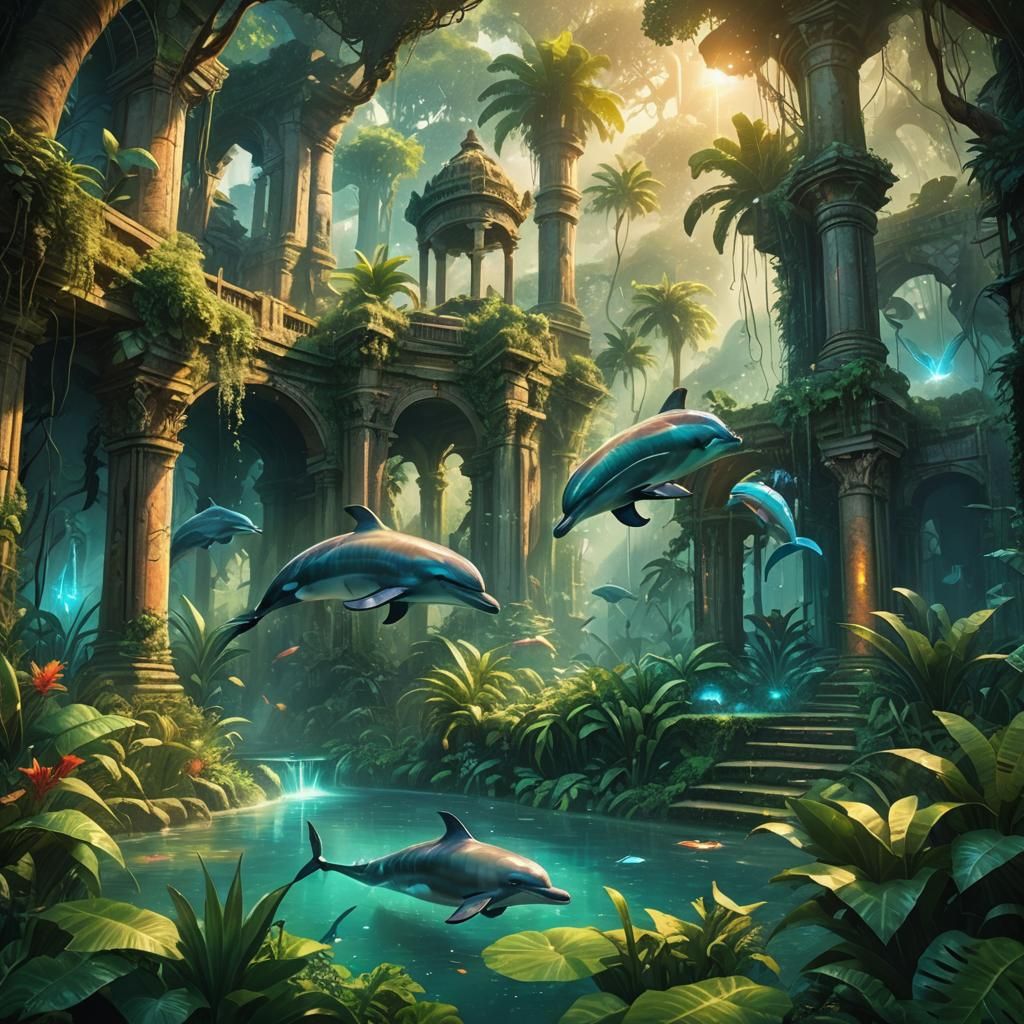 Dolphins in a Lush Jungle Fantasy Landscape