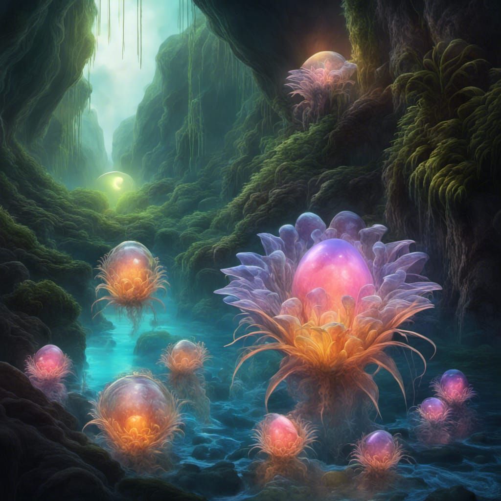 Alien Dragon Eggs with Bioluminescent Larvae in Macro