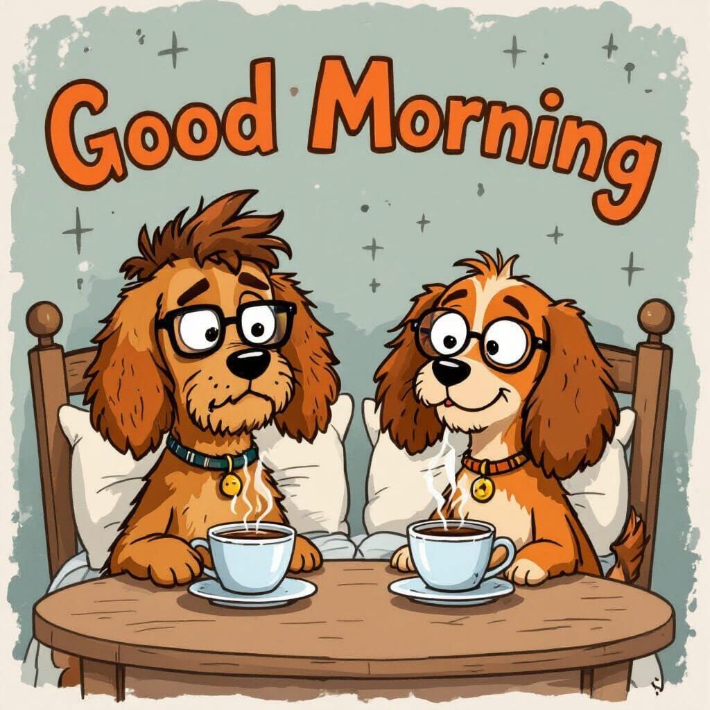 Cartoon: Tired Couple with Dogs Enjoying Morning Coffee