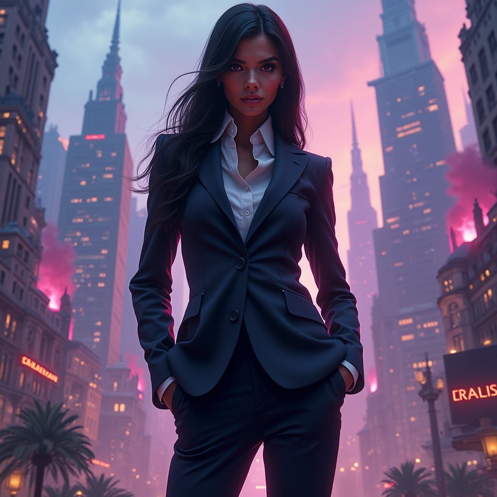 Visionary Businesswoman Amidst a Neon Metropolis