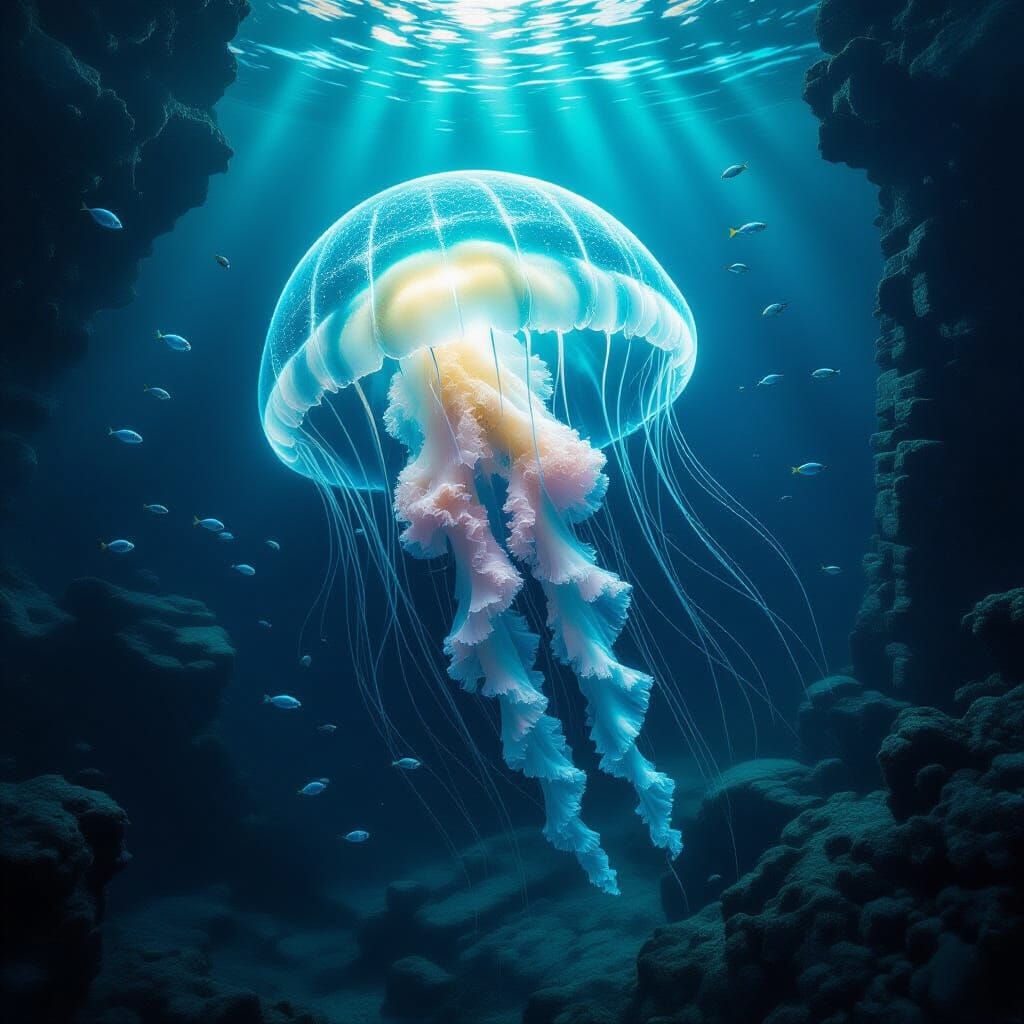 Bioluminescent Jellyfish Illuminates Deep-Sea Ruins
