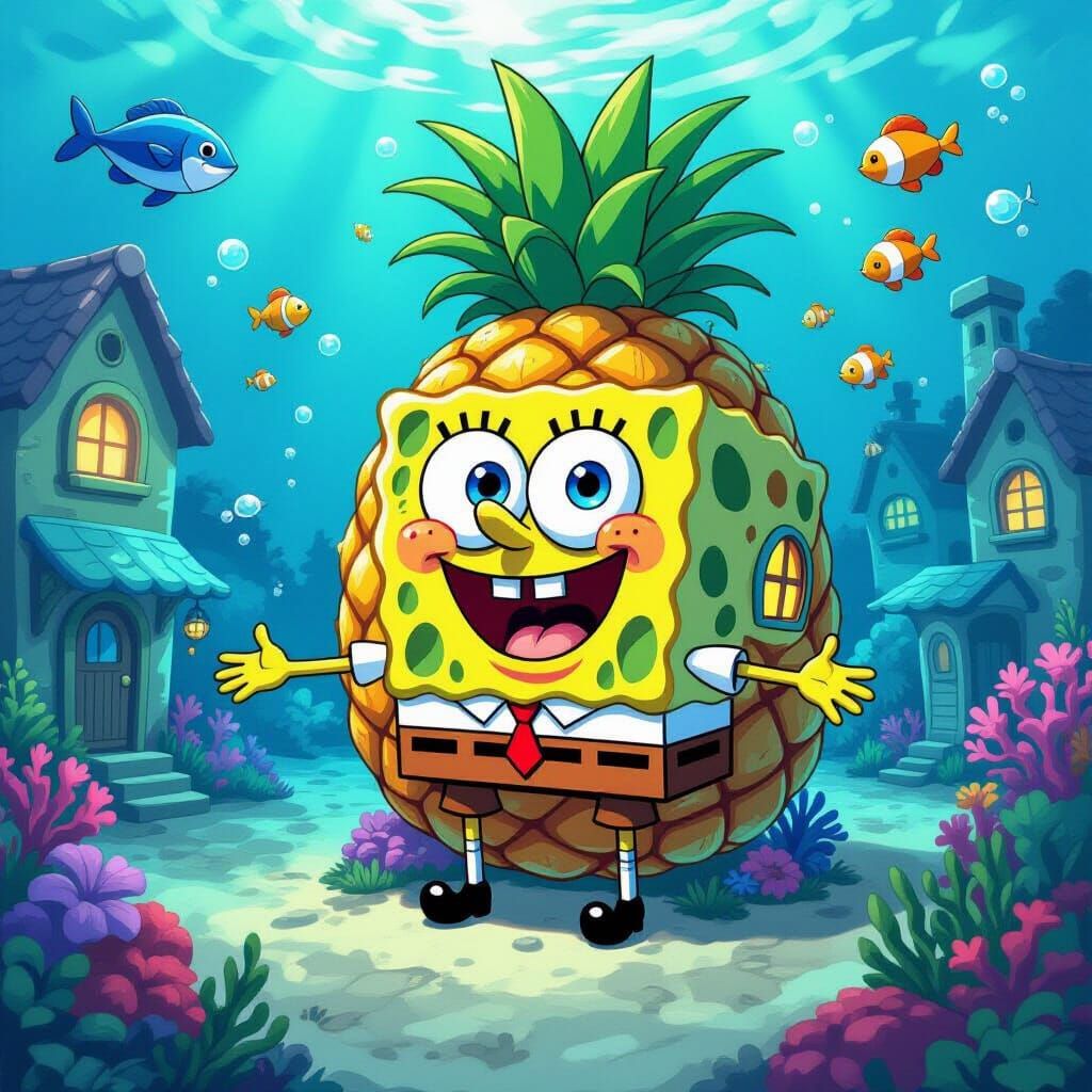 SpongeBob SquarePants in Vibrant Underwater Anime Town