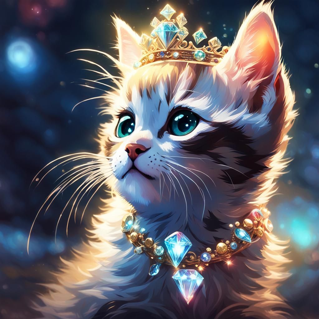 Kitten in Diamond Tiara, Detailed Digital Art