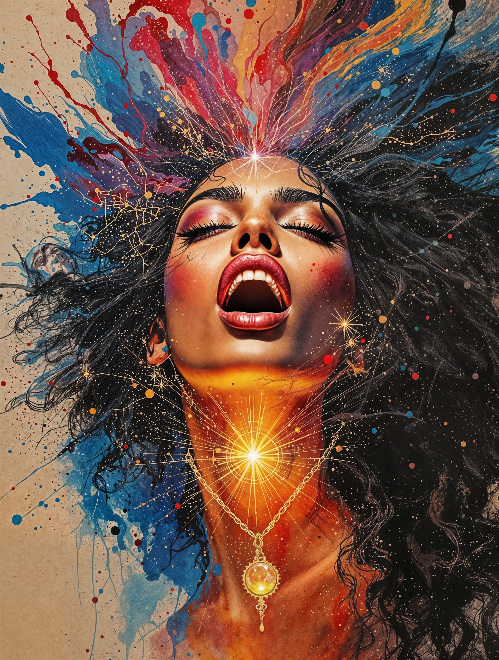 Radiant Latina Goddess in a Swirling, Multicolored Vortex