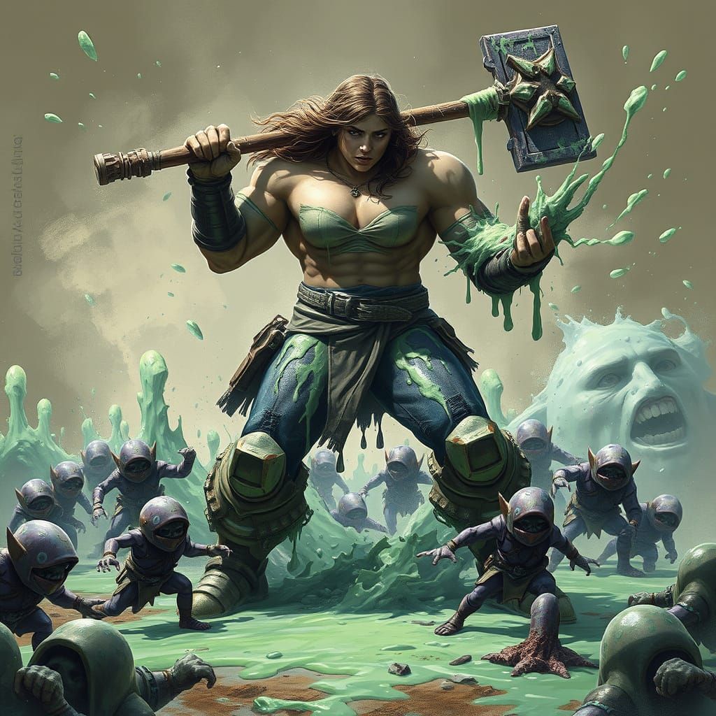 Powerful Woman Warrior Amidst Slime Battle