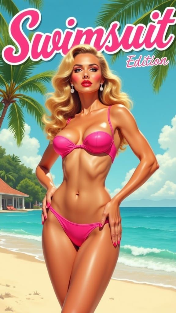 Gorgeous Supermodel in Pink Bikini on Tropical Beach