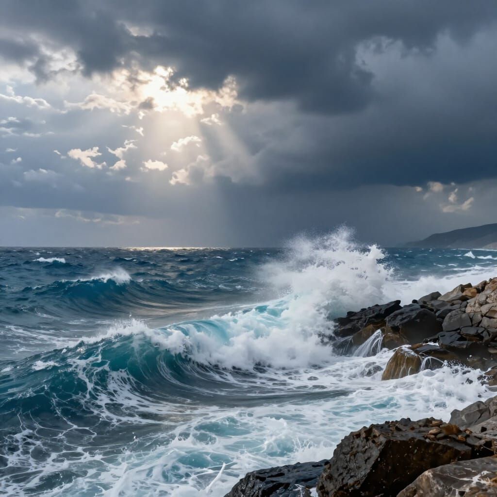 Epic Stormy Ocean Waves Crashing on Rocky Coast
