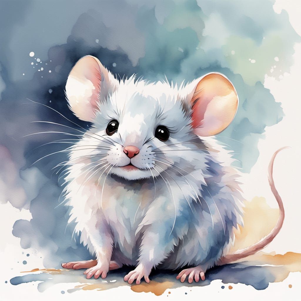 Create an adorable wet watercolor airbrush of a smiling, adorable, little mouse lying on the floor, beautiful furry art,...