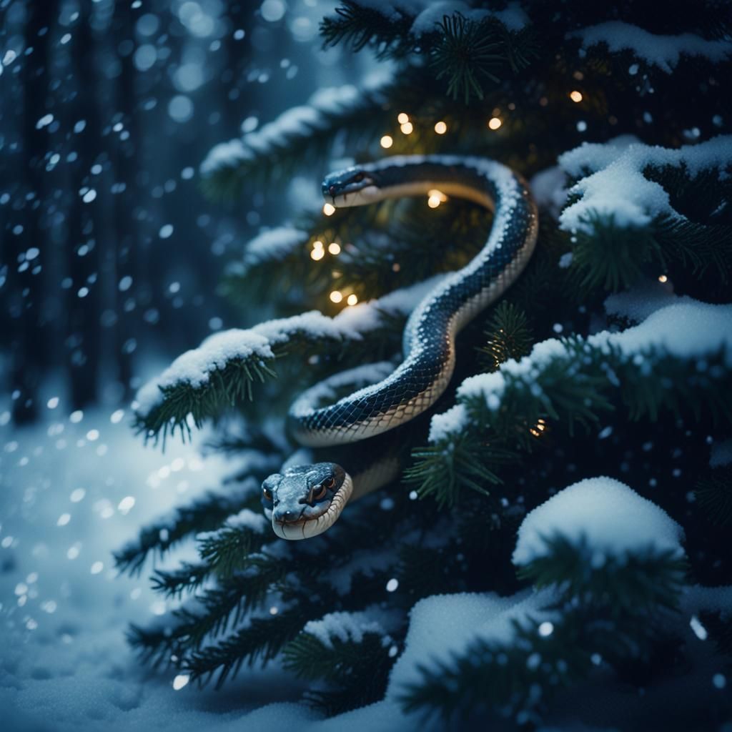 Snake Enshrouded Christmas Tree in Snowy Forest