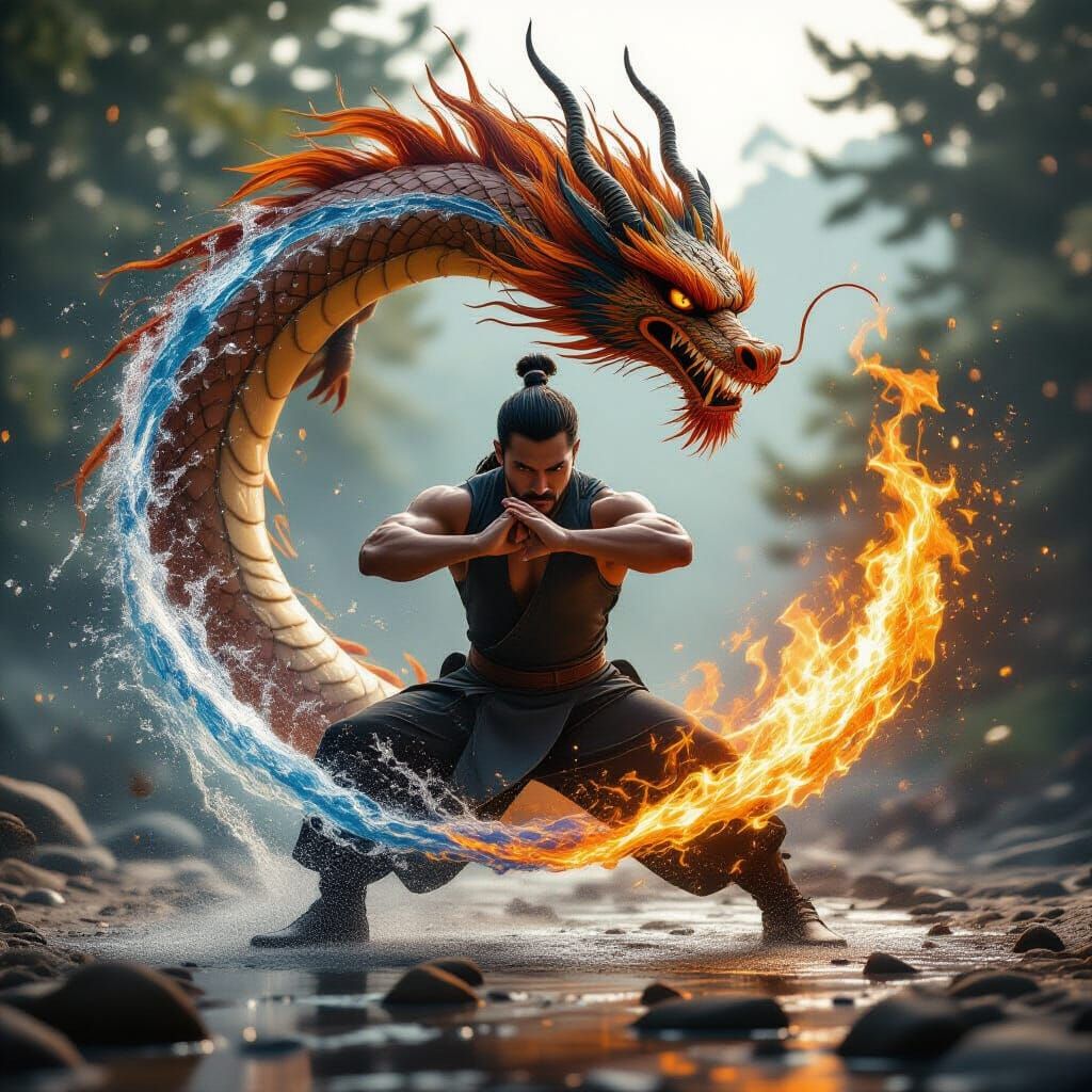 Man Bends Elements into Dragon Form in Cinematic Photo