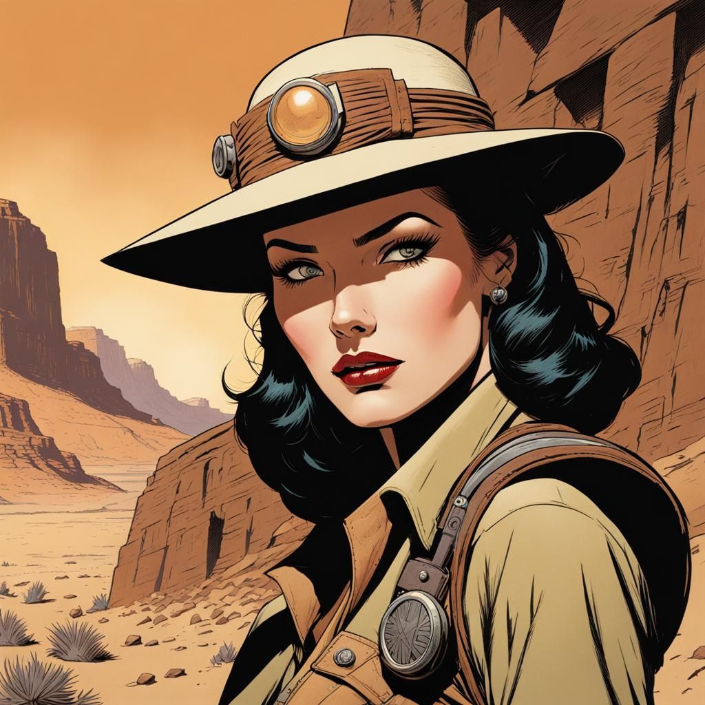 Female Explorer Discovers Artifact in Comic Book Style