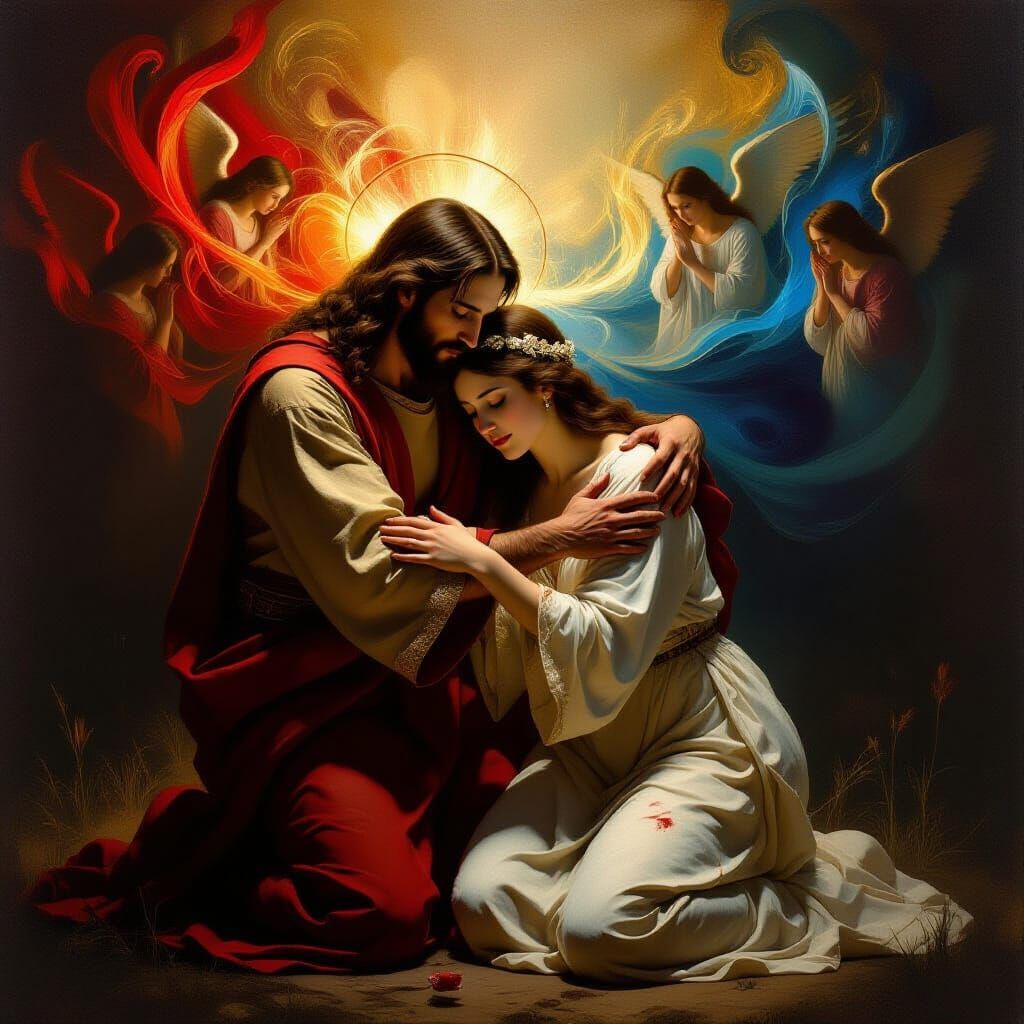 Jesus Embraces His Bride: Ethereal Chiaroscuro Scene