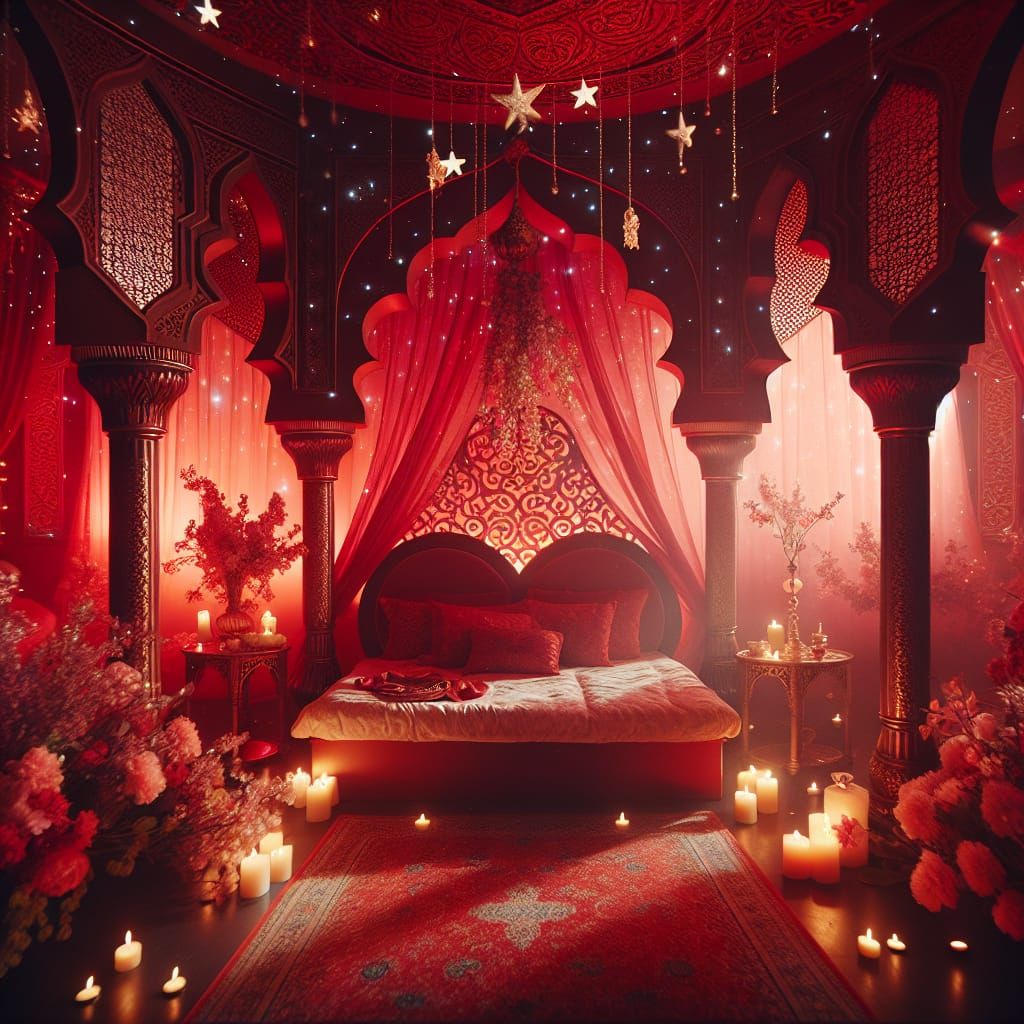 Romantic Arabic Bedroom with Heart Bed and Fantasy Lights