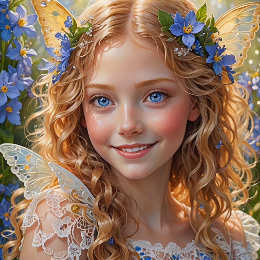 Smiling Fairy Girl with Blue Eyes and Butterfly Background