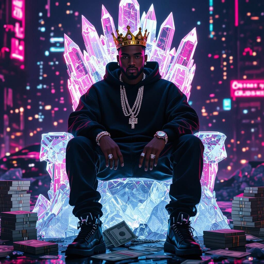 Neon Cyberpunk Rap King on Ice Throne