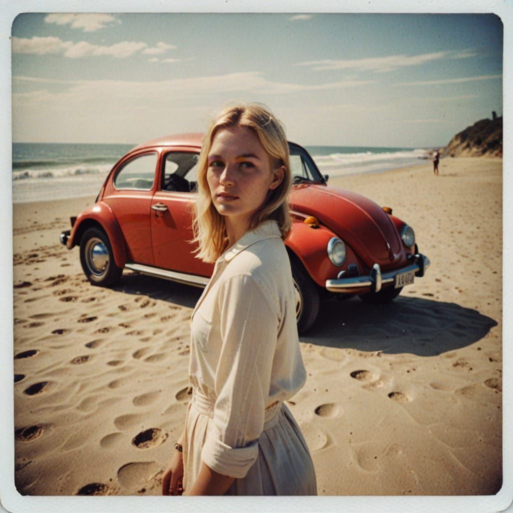 Young Woman on Beach with Vintage VW Beetle
