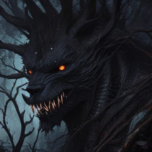 Surreal Tree Root Monster in Dark Forest