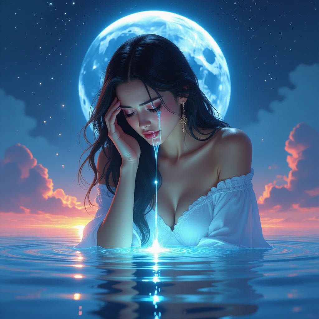 Divine Woman Weeping Luminous Tears Creating Earth's Water